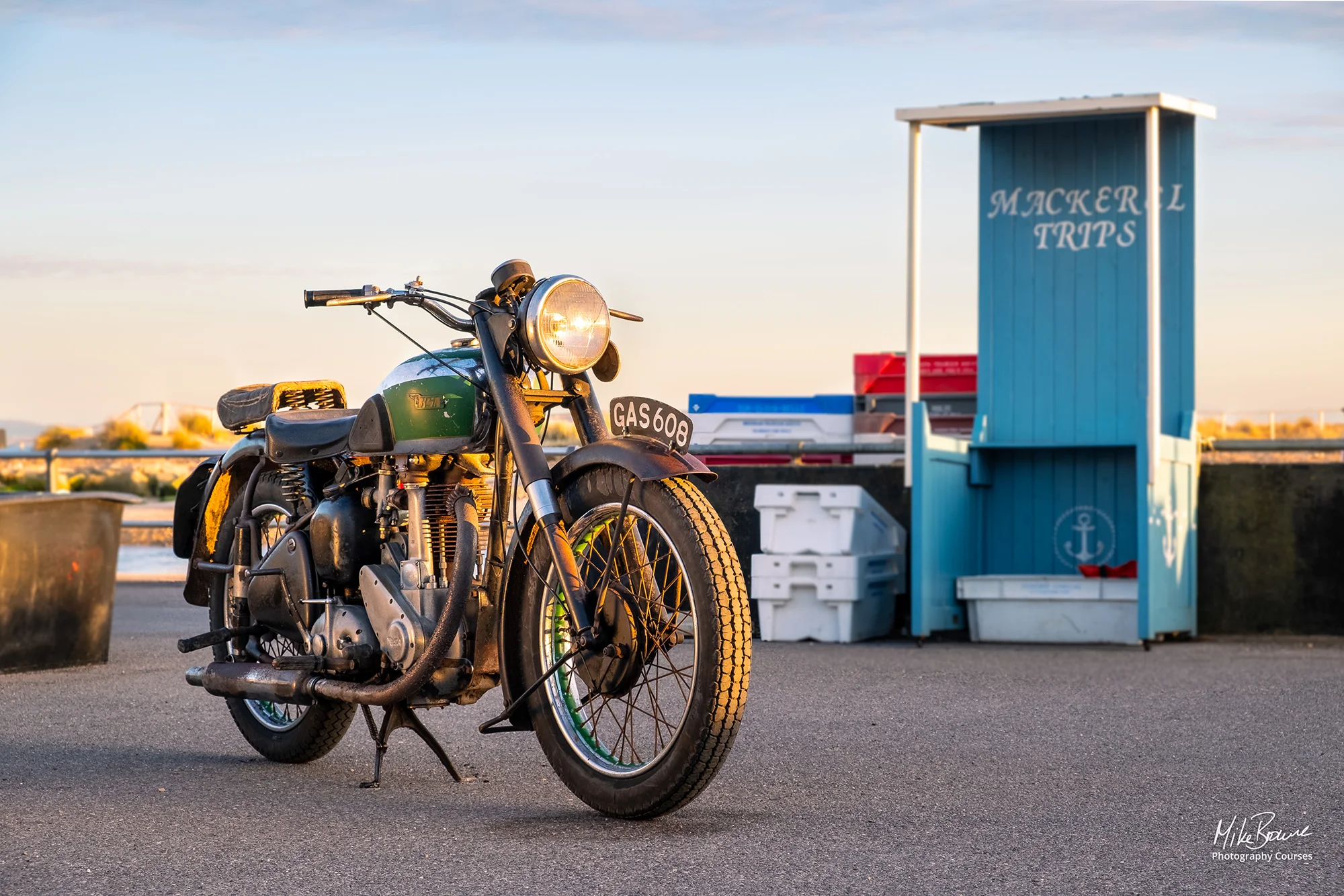 Un restored BSA B31 motorcycle on quayside at Mudeford UK