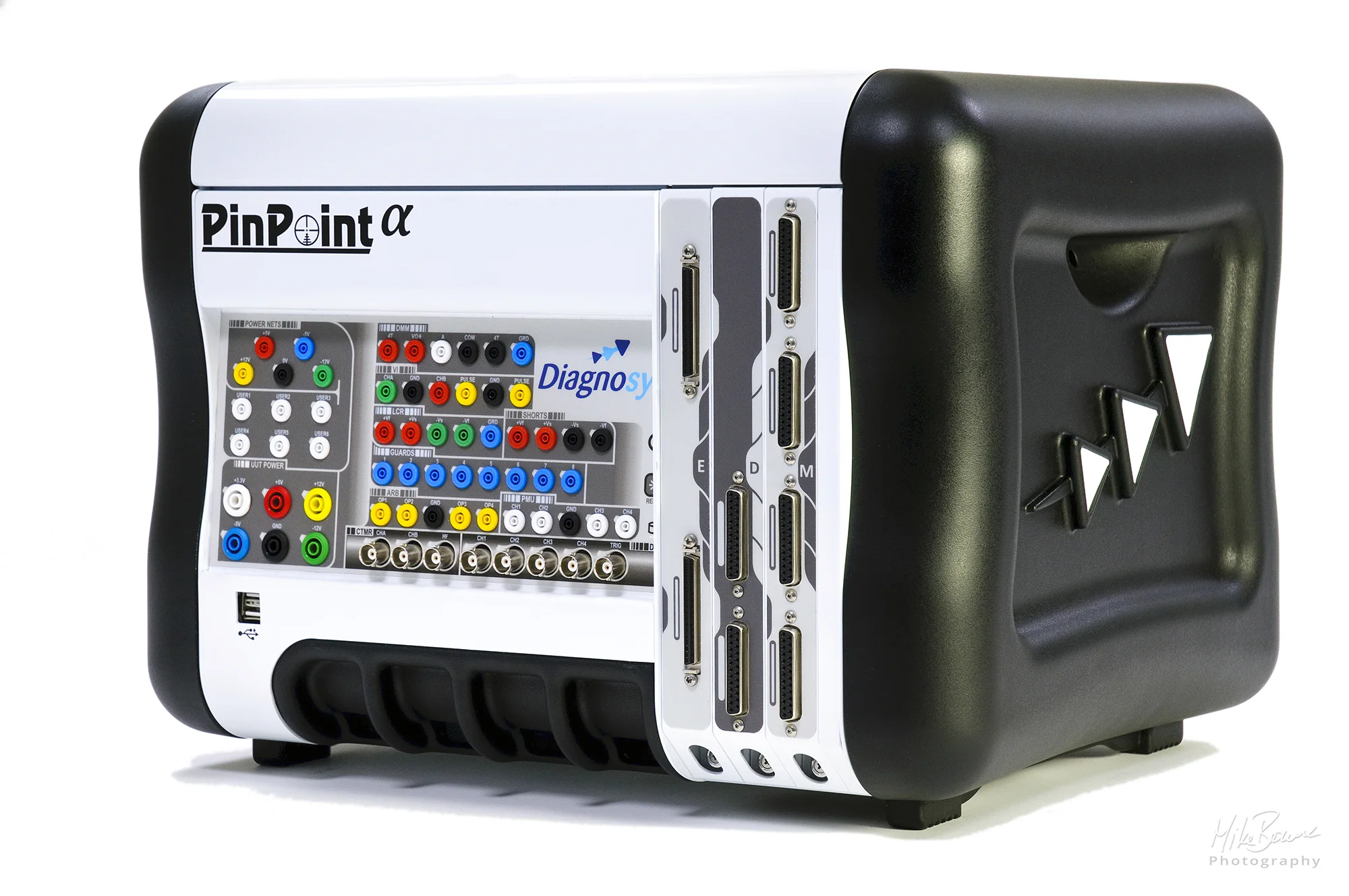 White electronic diagnosis system with multiple electrical sockets of varying colours