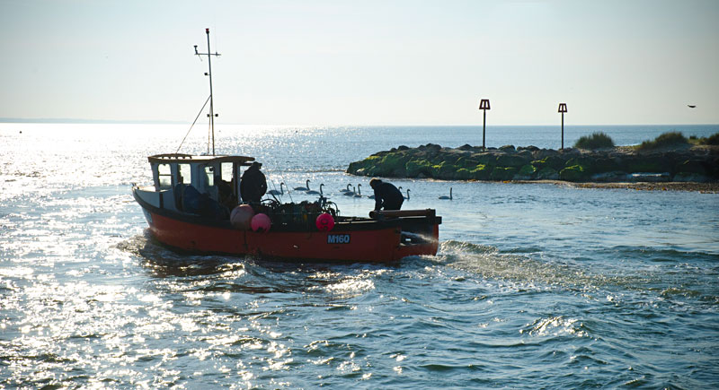 Sunny day with Mudeford ferry on the water